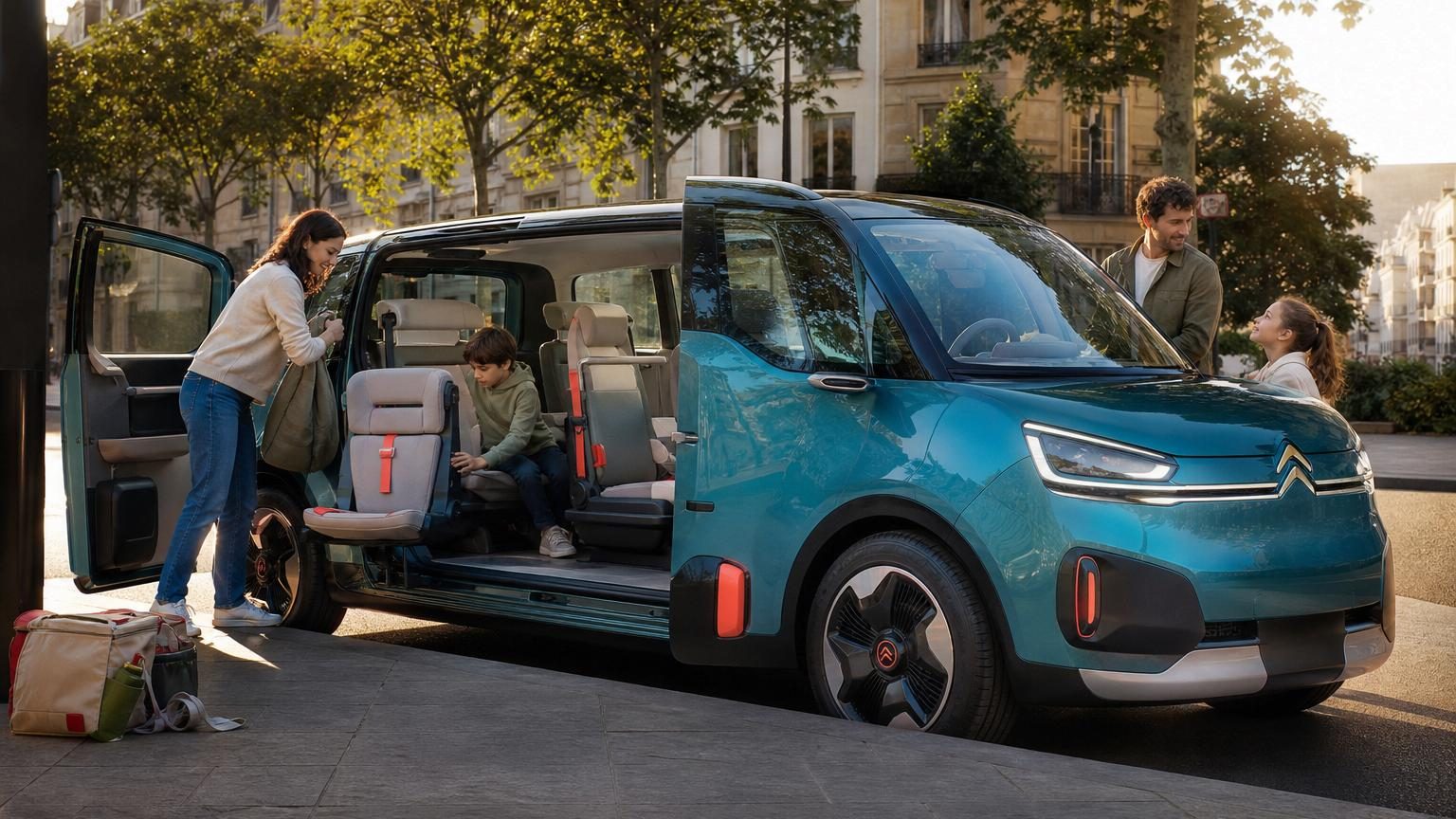 Concept automobile Citroën ELO, monospace électrique compact avec portes antagonistes, design fonctionnel aux volumes carrés, illustrant la vision du véhicule familial futur de la marque.