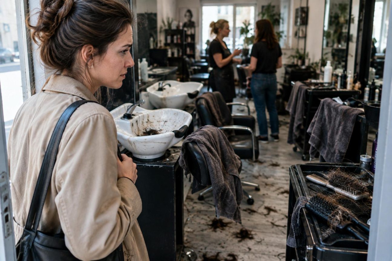 Intérieur d'un salon de coiffure avec postes de coiffage, miroirs et équipements professionnels en arrière-plan flou