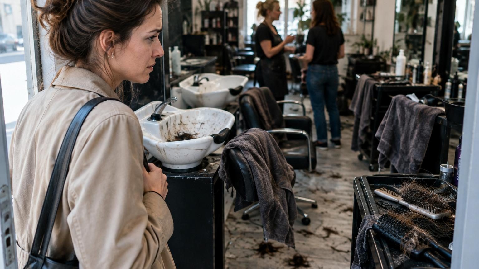 Intérieur d'un salon de coiffure avec postes de coiffage, miroirs et équipements professionnels en arrière-plan flou