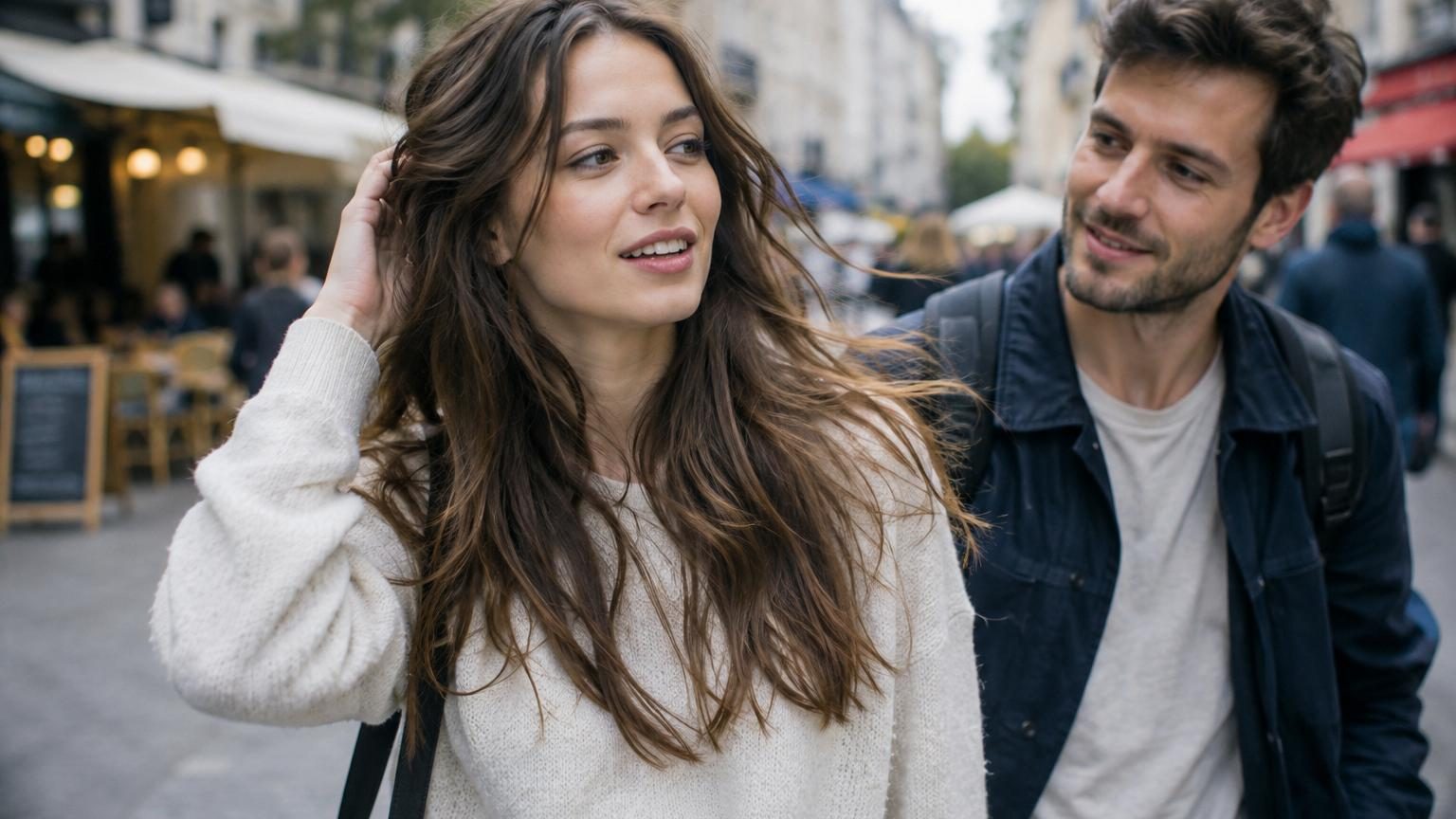 Femme aux longs cheveux ondulés châtain clair, coiffure naturelle et légère sans produit fixant visible, souriant avec assurance