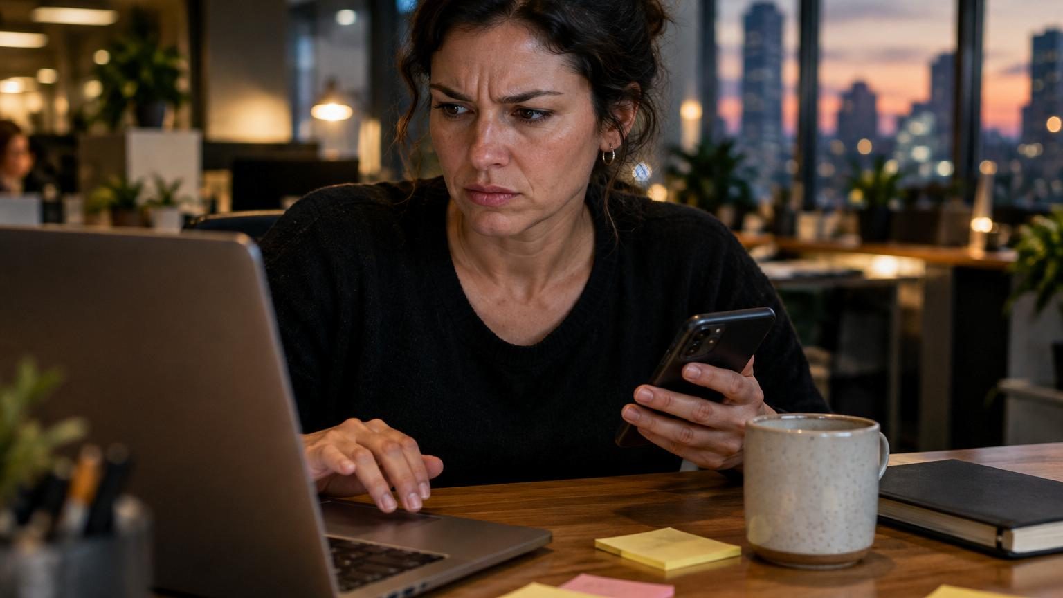 Personne tenant un téléphone avec un ordinateur portable sur un bureau, symbole d'une communication directe et constructive plutôt que par courriel.