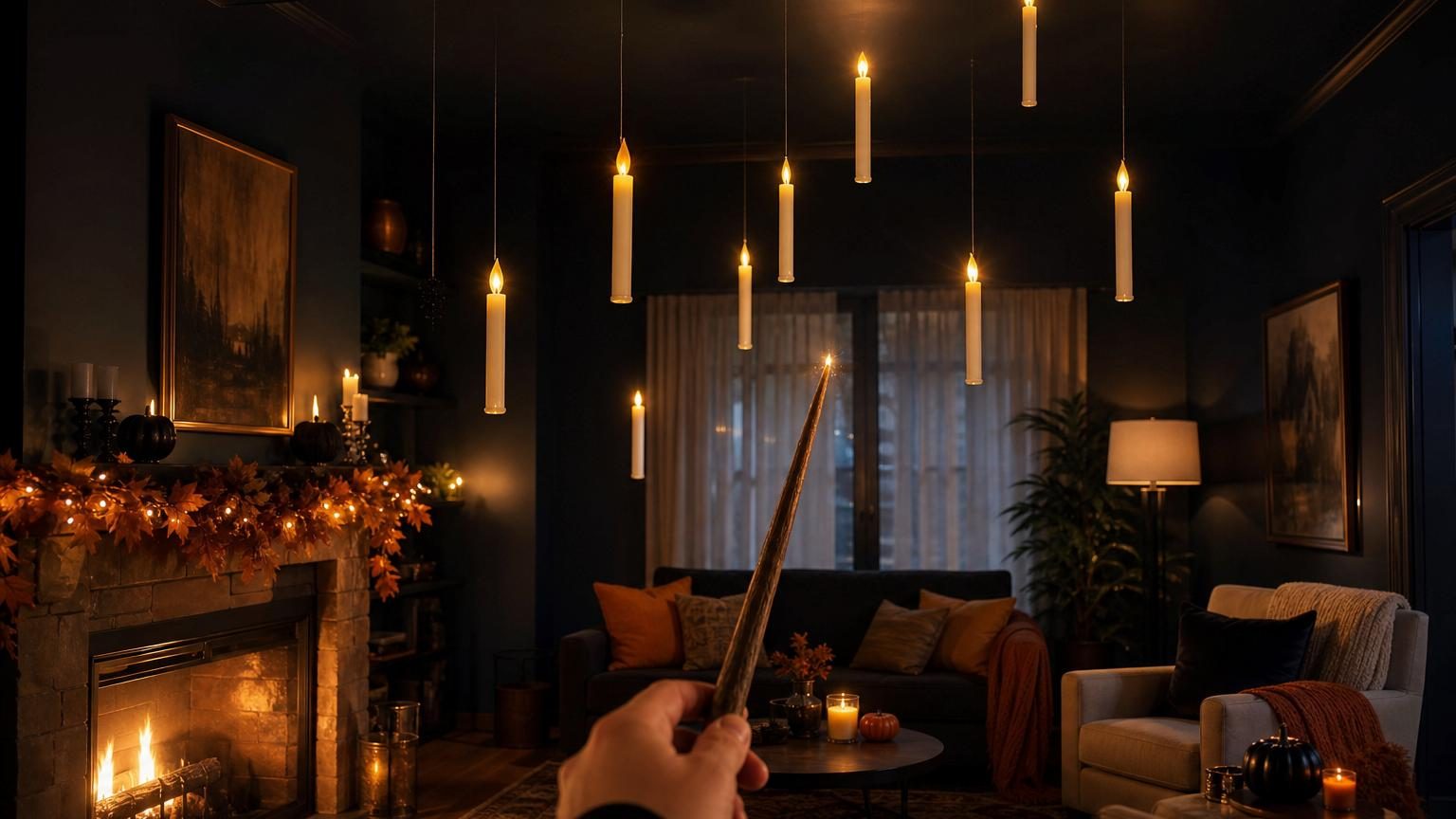 Dix bougies LED blanches suspendues à différentes hauteurs dans une pièce sombre, créant l'illusion de bougies flottant au plafond façon Grande Salle de Poudlard, avec une baguette magique noire servant de télécommande.