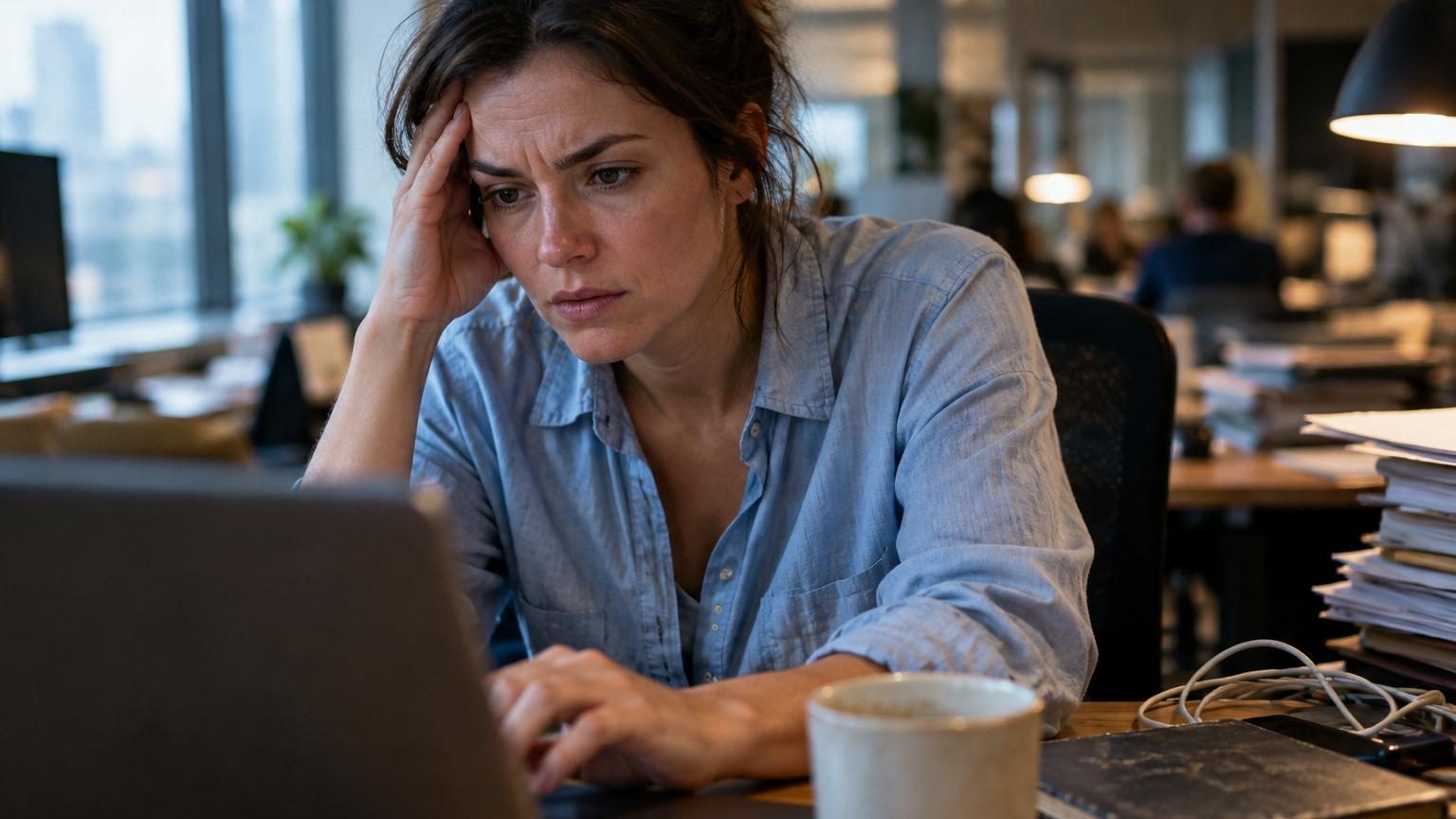 Personne relisant son e-mail sur un écran d'ordinateur avant d'appuyer sur envoyer, avec un doute visible sur l'impacte de ses mots.