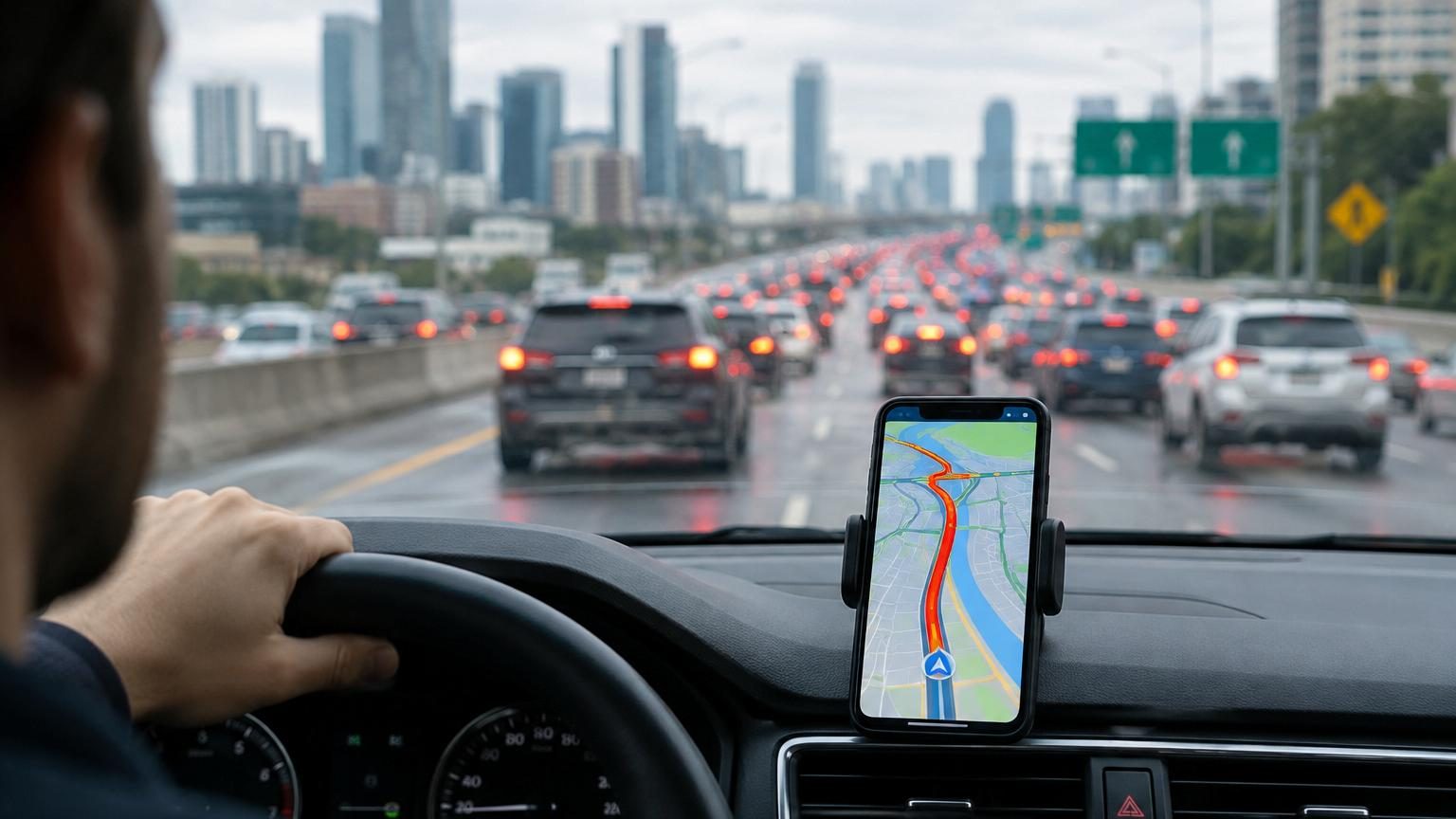 Écran de téléphone affichant Google Maps avec des portions de route en vert, orange et rouge indiquant la fluidité du trafic sur une autoroute.