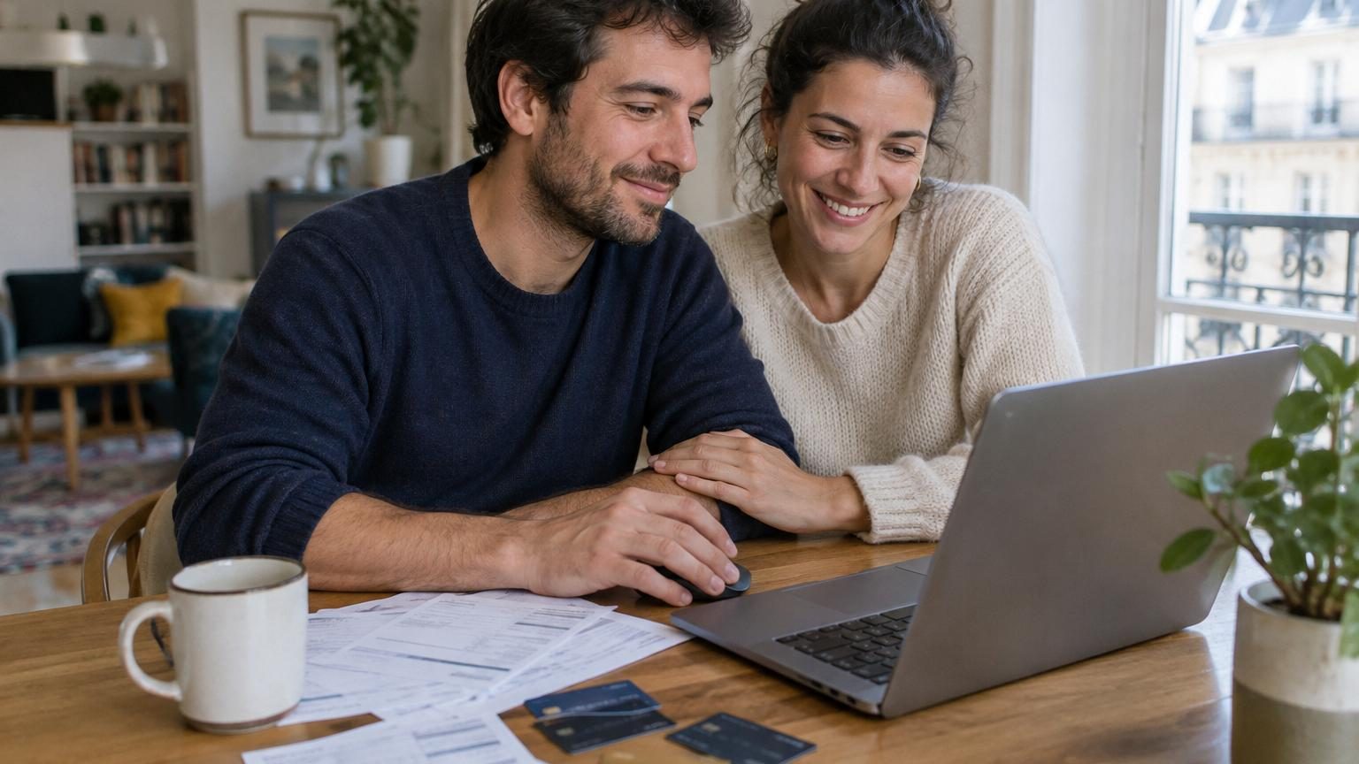 Deux personnes examinant ensemble des documents financiers et des graphiques autour d'une table, symbolisant la communication et la gestion commune des finances du couple.