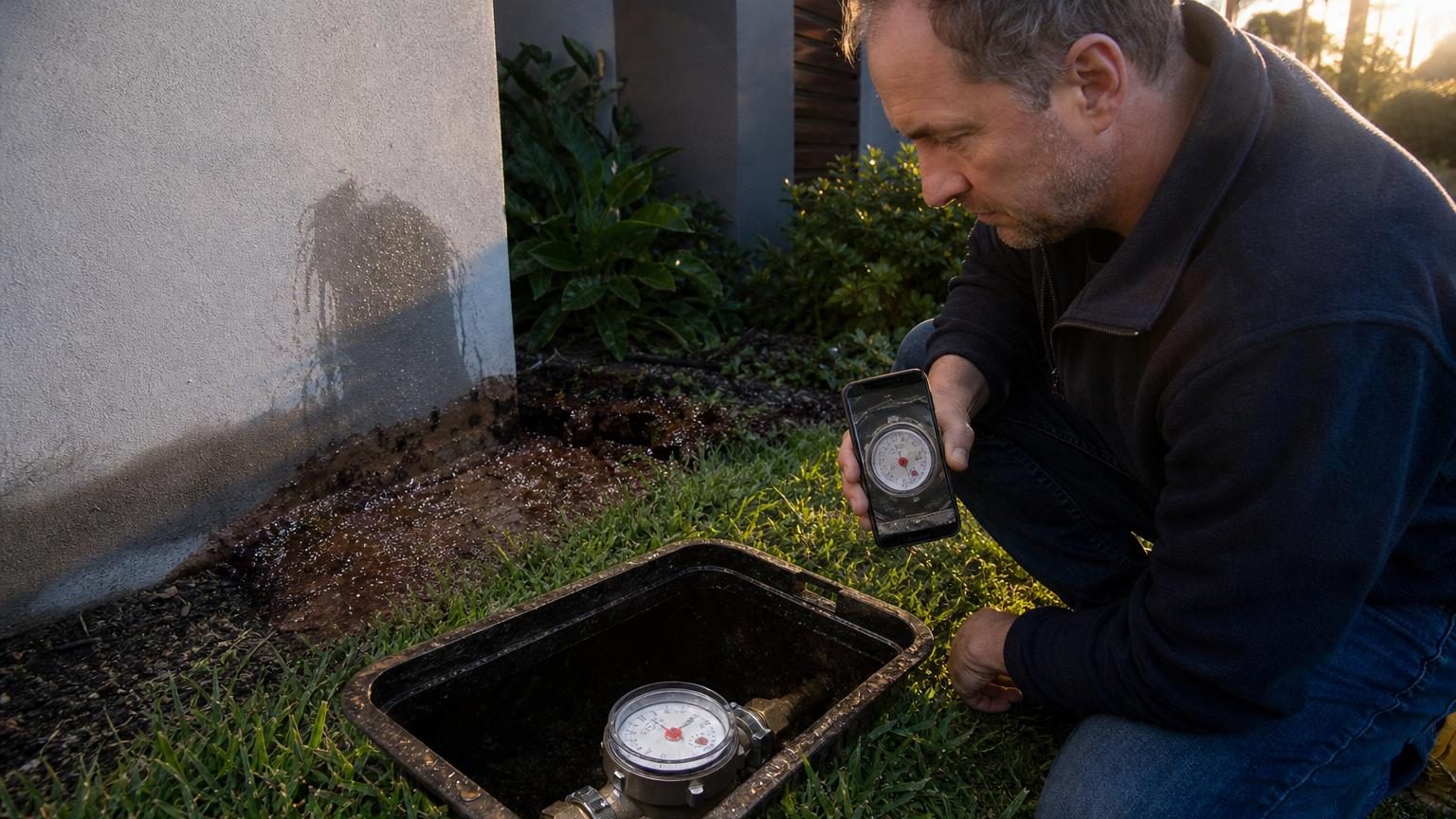 Compteur d'eau couvert de poussière avec petite roue rouge ou noire visible, révélant une circulation d'eau en cours