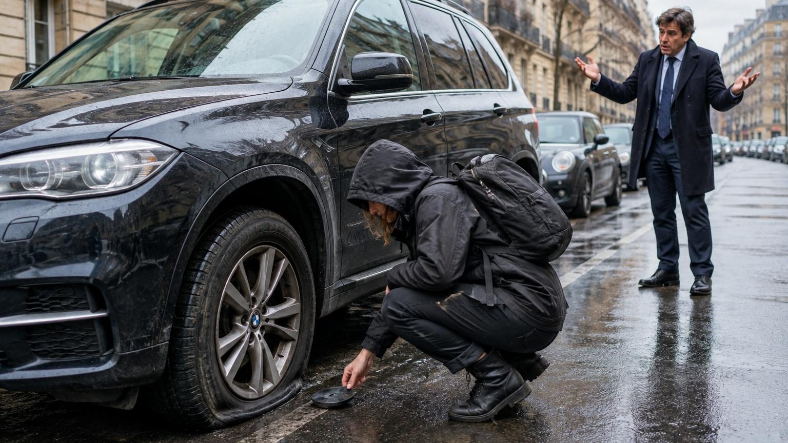 Gros plan sur un pneu dégonflé d'un véhicule de type SUV noir avec un autocollant critique collé sur la vitre latérale, illustrant une action de vandalisme écologiste.