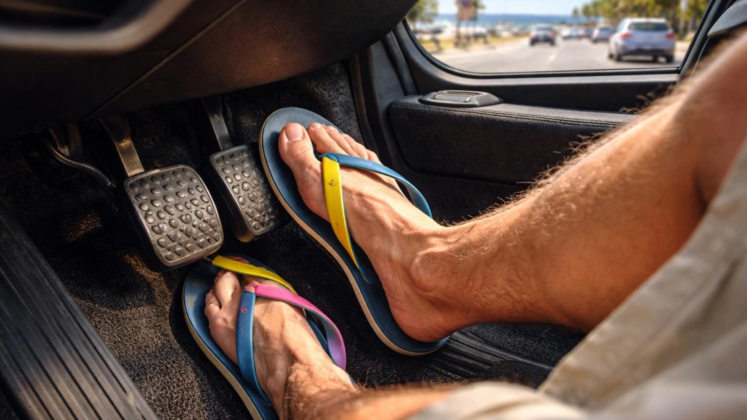 Détail des pieds d'une personne portant des tongs colorées appuyant sur les pédales d'une voiture