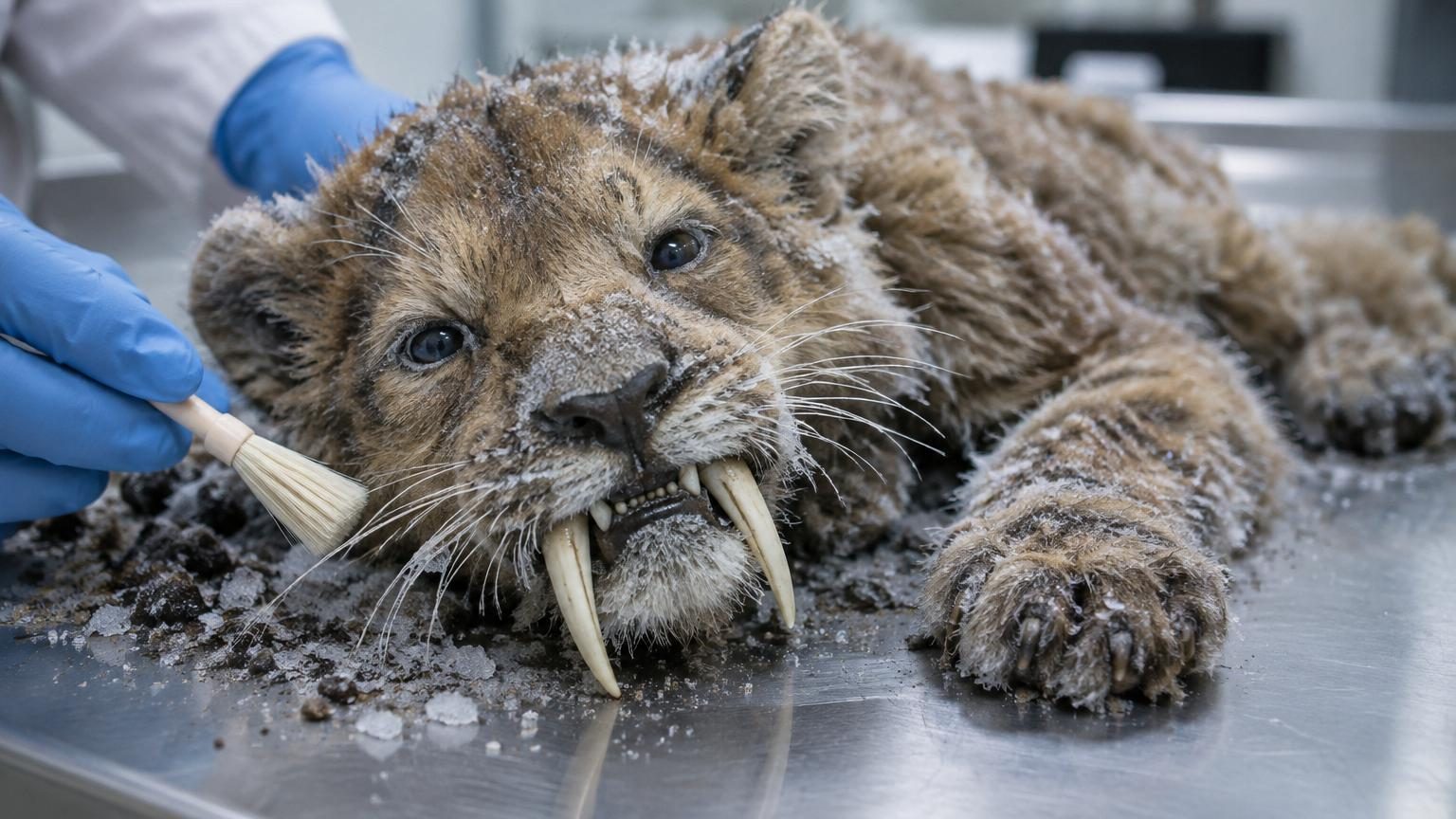 Reconstitution du jeune tigre à dents de sabre Homotherium latidens momifié, montrant sa fourrure brun foncé, ses moustaches visibles et ses griffes recourbées, découvert dans la glace sibérienne.
