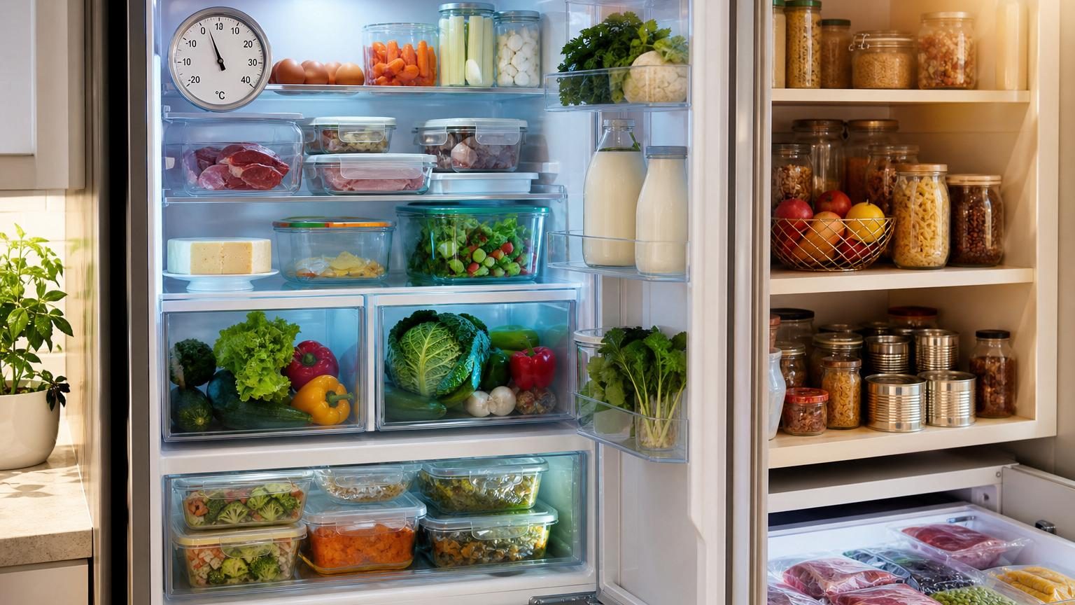 Plan de travail de cuisine avec réfrigérateur ouvert contenant des produits laitiers, de la viande et des légumes frais à conserver à basse température.