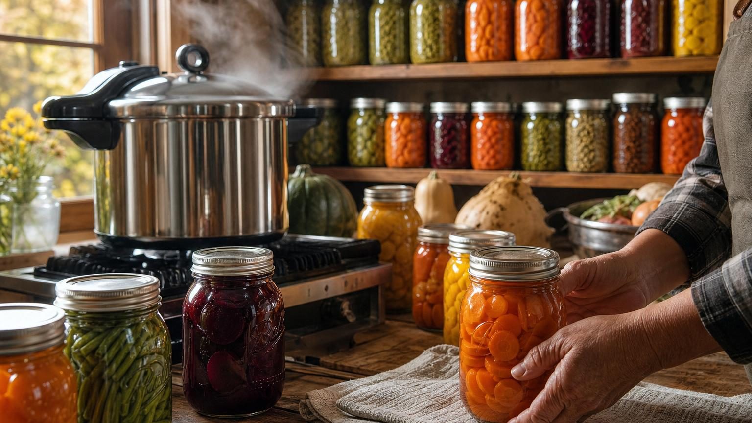 Bocaux en verre alignés remplis de légumes d'automne (carottes, haricots, courges) sur une étagère, fermés avec des couvercles étiquetés et datés.