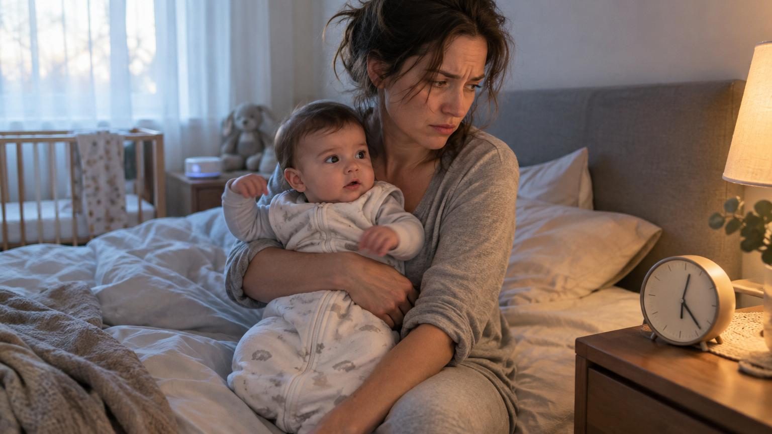 Un enfant en pyjama debout dans un lit à barreaux au petit matin, gazouillant joyeusement dans la pénombre de sa chambre.