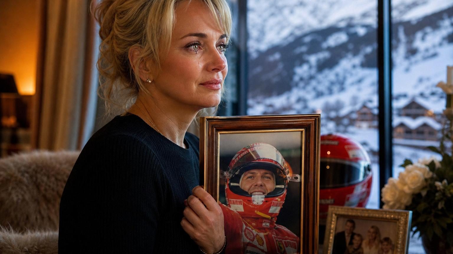 Corinna Schumacher aux cheveux blonds, vêtue de clair, regard tourné vers le bas dans une posture de réserve et de recueillement