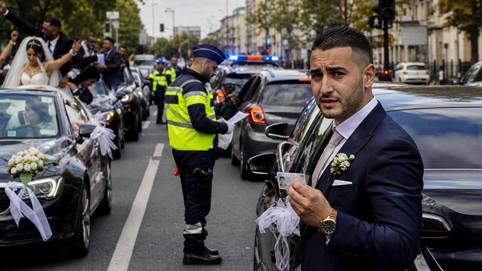 Cortège de mariage urbain avec voitures décorées de rubans, klaxons et invités à la fenêtre, entouré d'autres automobilistes sur une route animée.