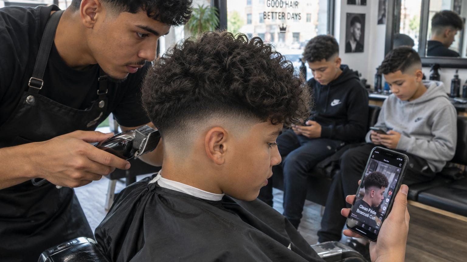 Un jeune garçon assis dans un fauteuil de coiffeur tandis qu'un barbier travaille sur une coupe sophistiquée avec dégradé bas et cheveux volumineux sur le dessus, le client tenant son téléphone avec une vidéo TikTok de référence.
