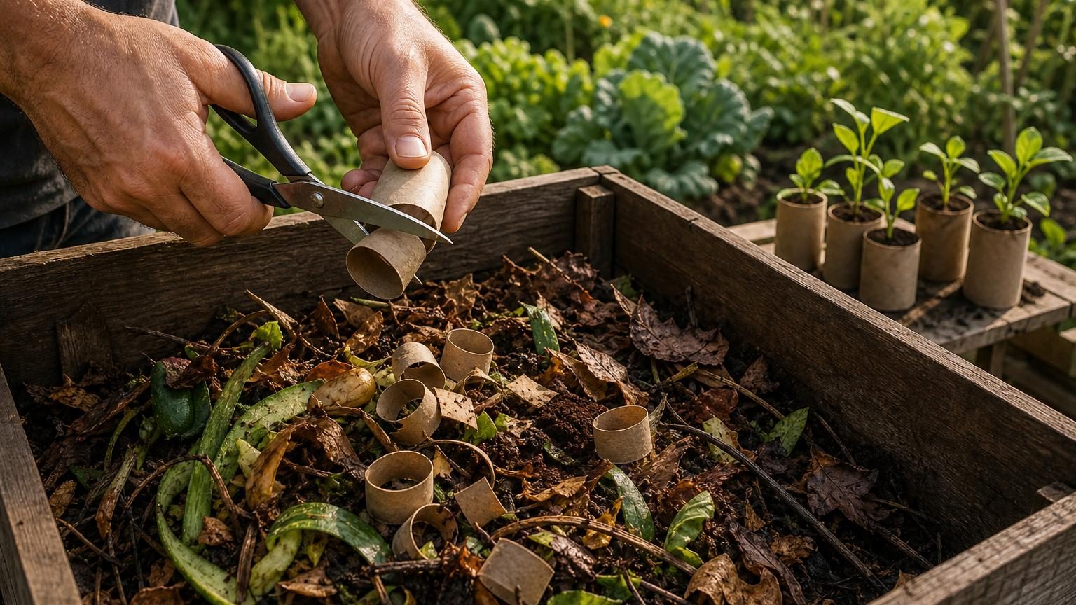 Un rouleau de papier toilette brun vide découpé en anneaux, disposé à côté de déchets de cuisine et de feuilles mortes dans un bac à compost.