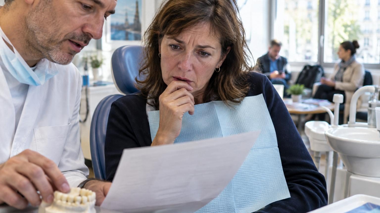 Patient assis dans un cabinet dentaire consultant un devis pour une couronne dentaire, avec le dentiste en arrière-plan et des outils dentaires visibles.