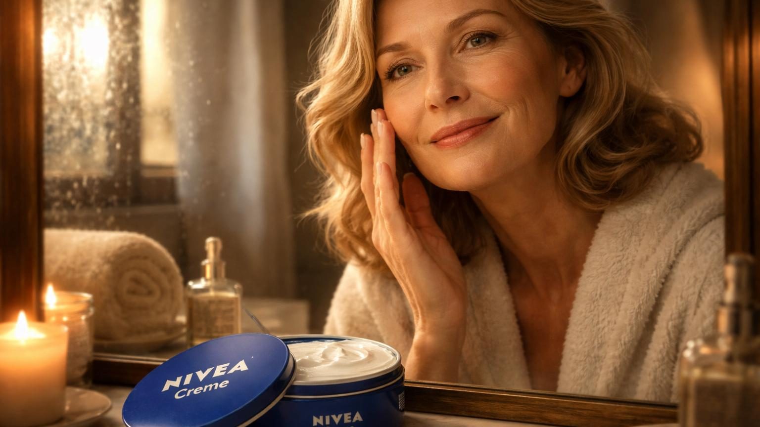 Pot métallique bleu de crème Nivea posé sur une surface claire, symbole du soin intemporel et accessible pour peaux matures.