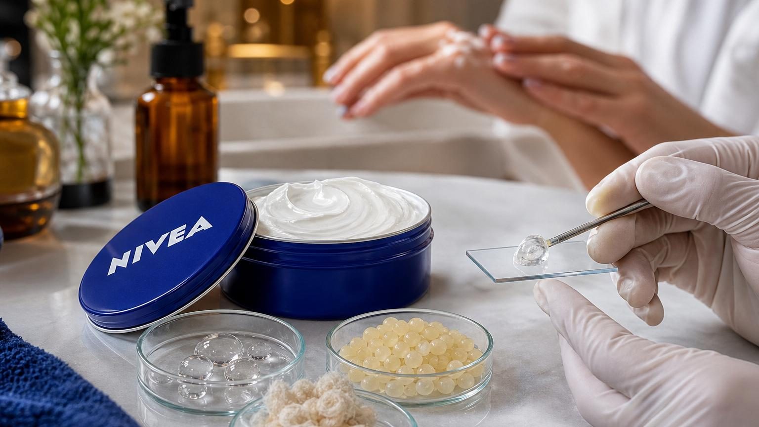 Gros plan sur le pot bleu métallique de Crème Nivea classique, ouvert pour montrer la texture dense et blanche de la crème.