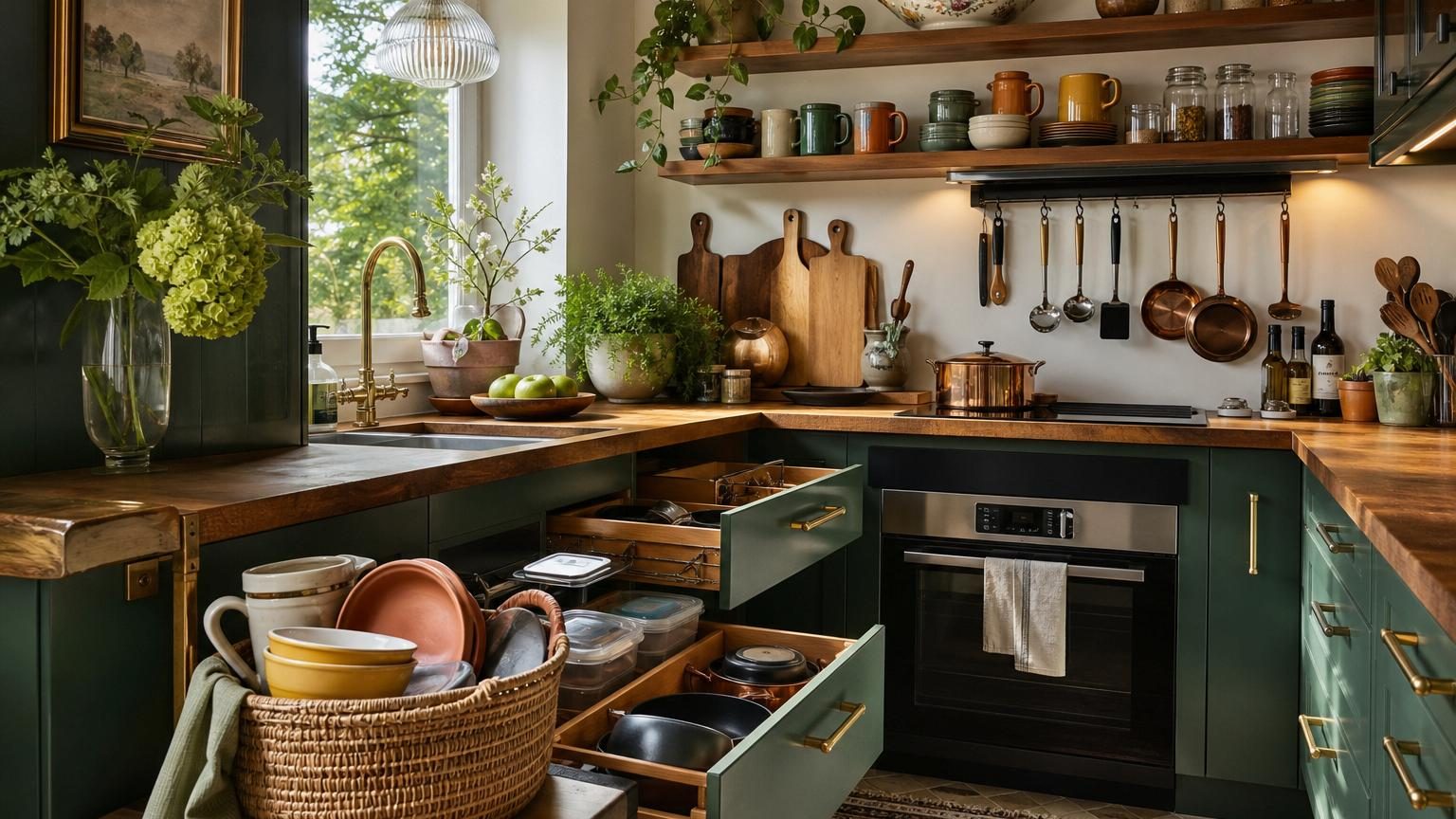 Petite cuisine moderne bien rangée avec ustensiles organisés sur des étagères ouvertes, une barre murale avec des outils suspendus et des placards fermés contenant les réserves, illustrant un espace optimisé et épuré.