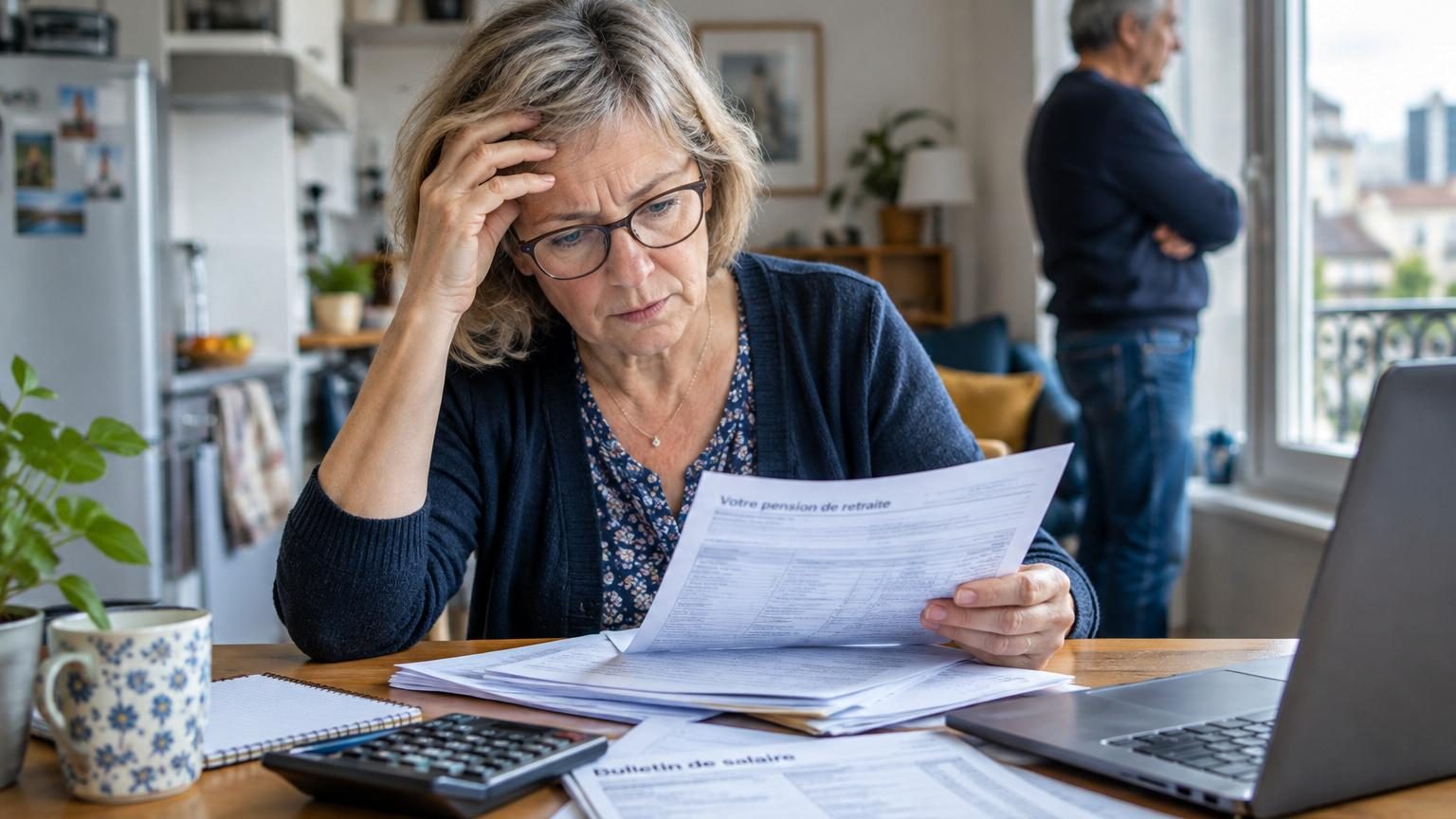 Illustration d'un retraité pensif face à des documents de calcul de pension et de revenus professionnels, représentant l'impact financier de la réforme du cumul emploi-retraite à partir de 2027.