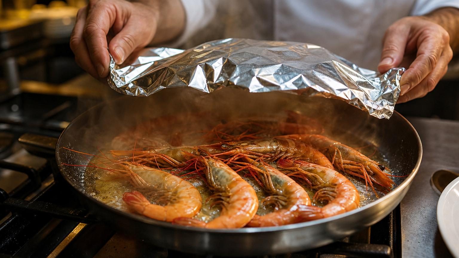 Crevettes roses crues avec carapace alignées dans une poêle chaude parsemée de gros sel, sous un dôme de papier aluminium, en cours de cuisson à la méthode du chef Dani García.