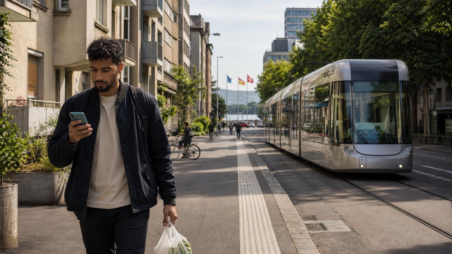 Vue d'une rue de quartier populaire suisse avec immeubles modernes entretenus, tramway au loin et façades bien conservées.