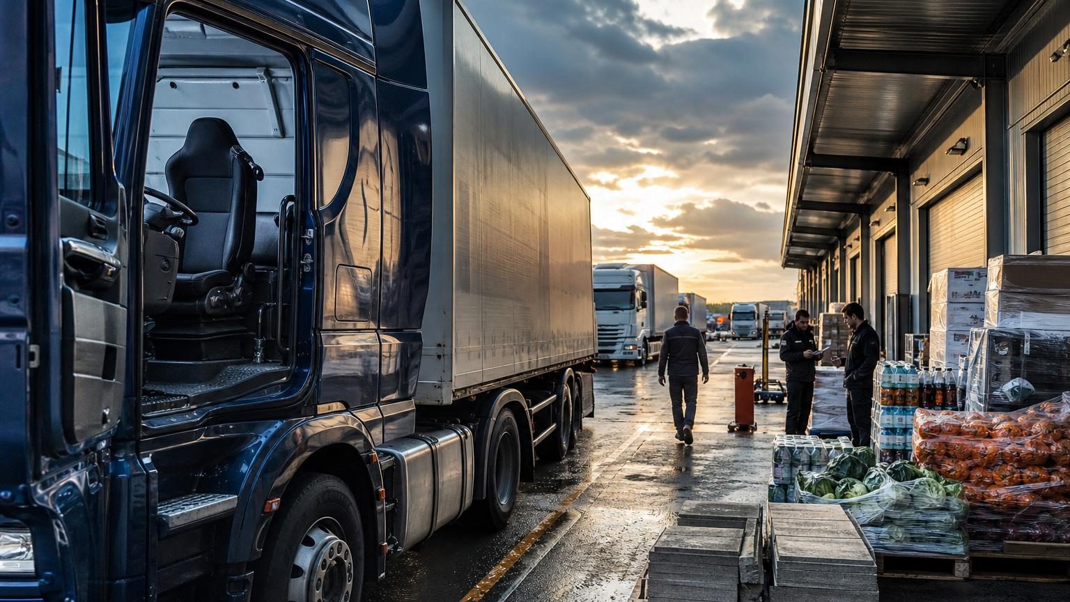 Un camion de transport routier charge des marchandises dans un entrepôt logistique, illustrant les défis de recrutement dans le secteur du transport de fret.