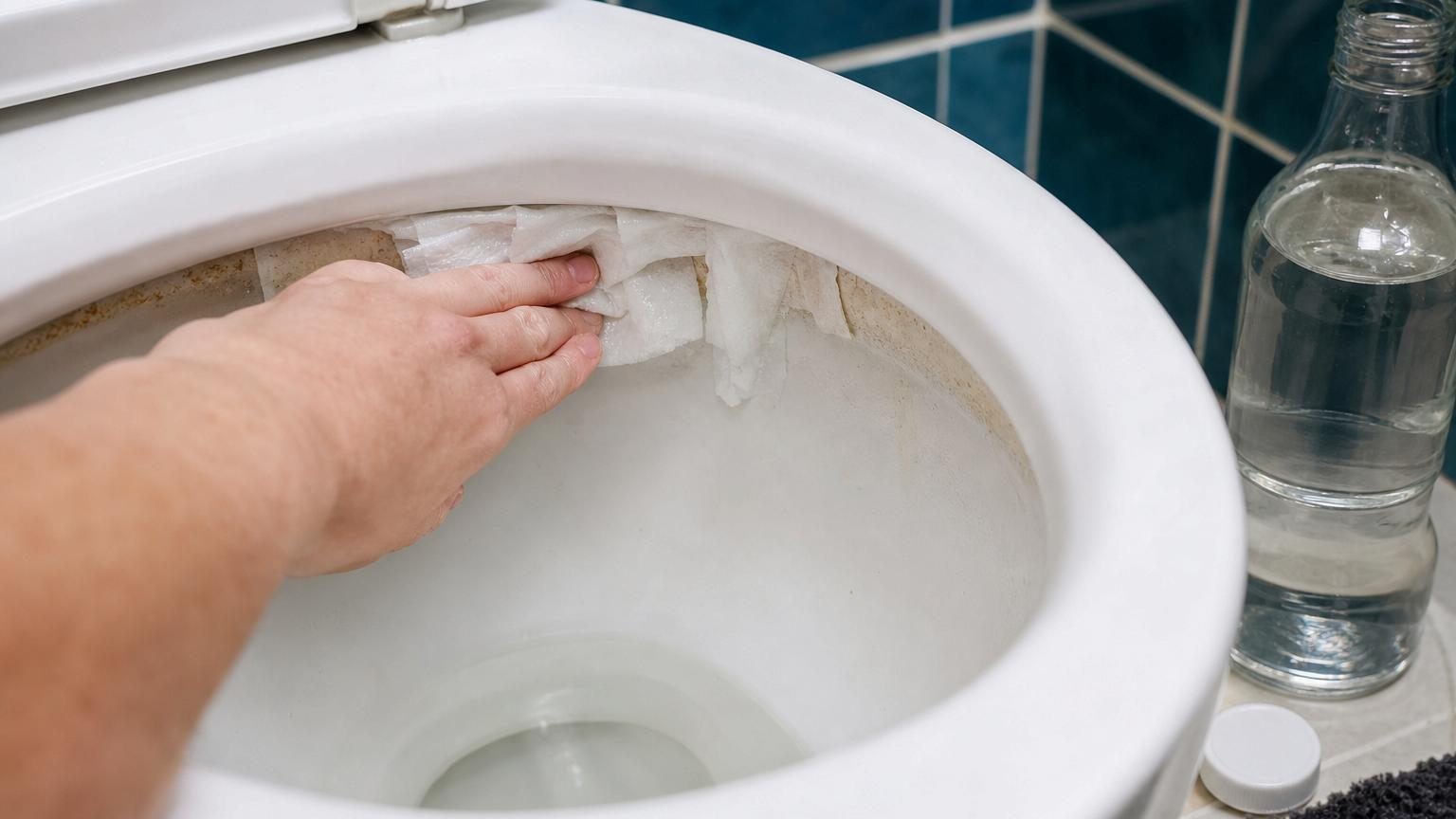 Feuilles de papier toilette blanc placées sous le rebord intérieur blanc d'une cuvette de toilettes, imprégnées de vinaigre blanc pour dissoudre les traces de calcaire et de tartre incrustées.