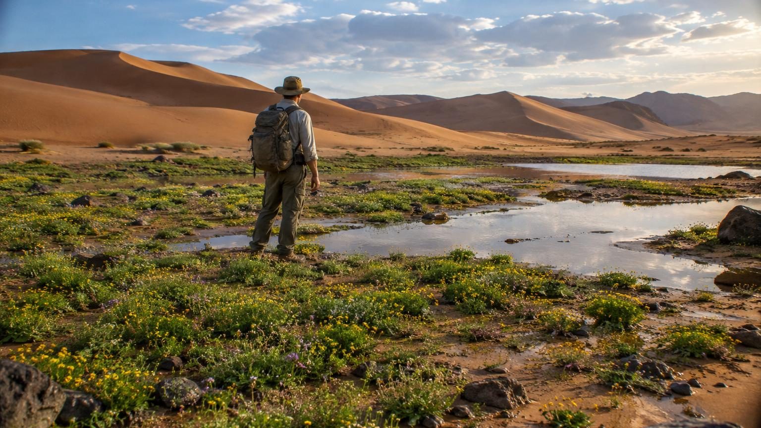 Paysage désertique aride avec dunes de sable sec, puis transformé par la pluie en prairie fleurie couverte de fleurs violettes et de verdure éclatante en quelques jours