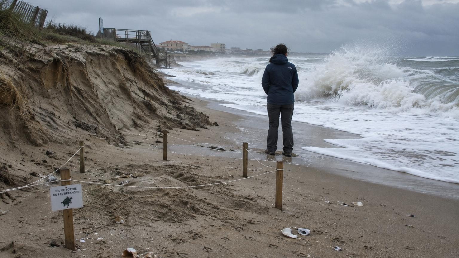 Plage du Languedoc avec une falaise de sable érodée formant une marche abrupte, traces d'eau et fragments de coquilles au pied, littoral fragilisé.