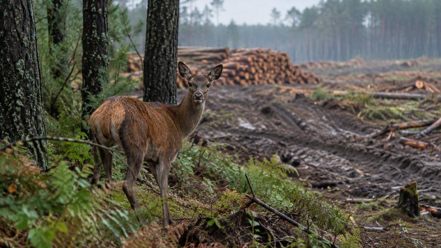 Vue aérienne d'une coupe forestière dans les Landes montrant un terrain déboisé avec des tas de troncs alignés, entouré de pins restants, illustrant le paysage fragmenté affectant la faune.
