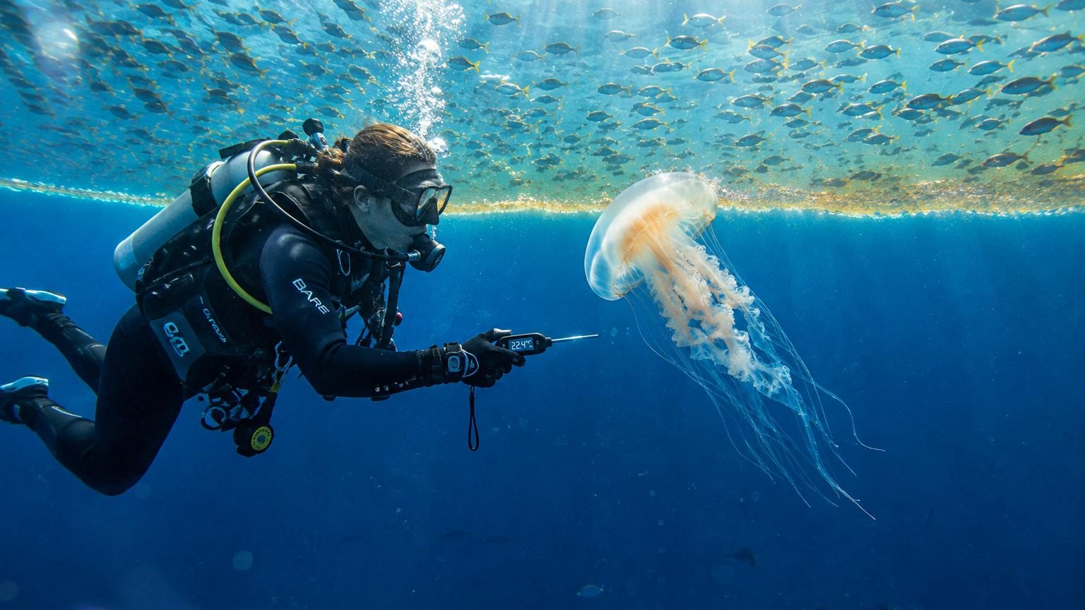Vue sous-marine de l'océan profond montrant des silhouettes de poissons se mouvant dans l'obscurité, avec un thermomètre digital indiquant une variation de quelques degrés Celsius en premier plan.