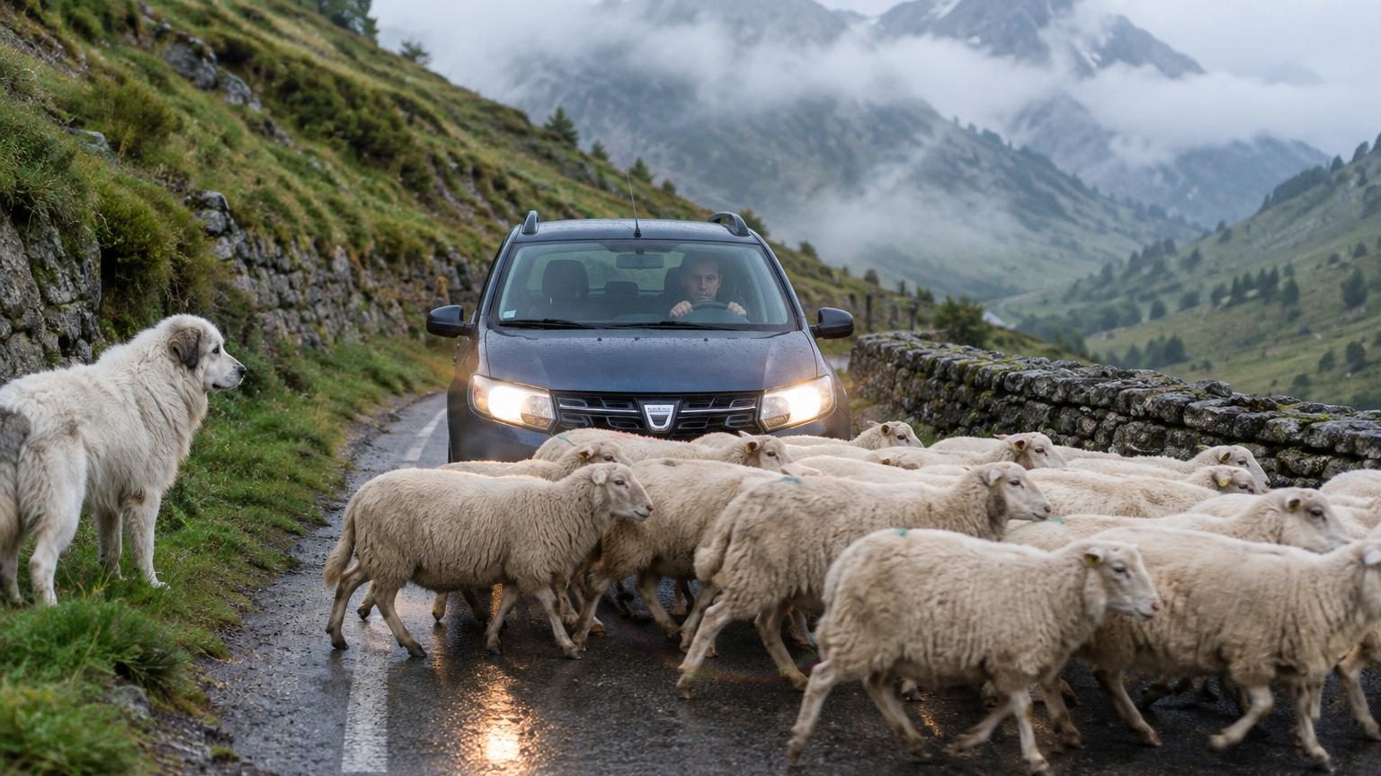 Une voiture freinant soudainement face à un troupeau de moutons blanc qui traverse une route de montagne dans la brume, avec un patou garde-troupeau sur la gauche.