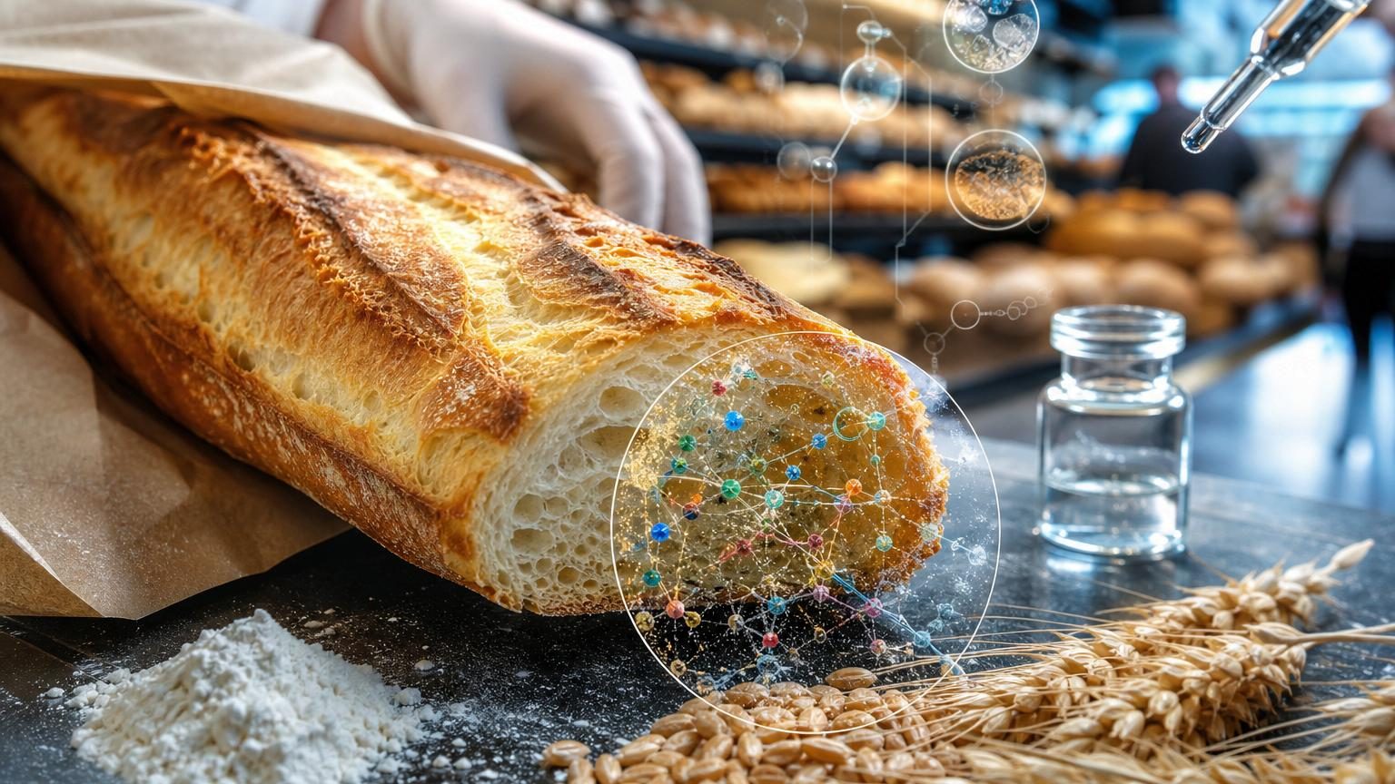 Rayons de boulangerie en supermarché avec des baguettes dorées exposées, mettant l'accent sur la variété et les choix disponibles pour les consommateurs.