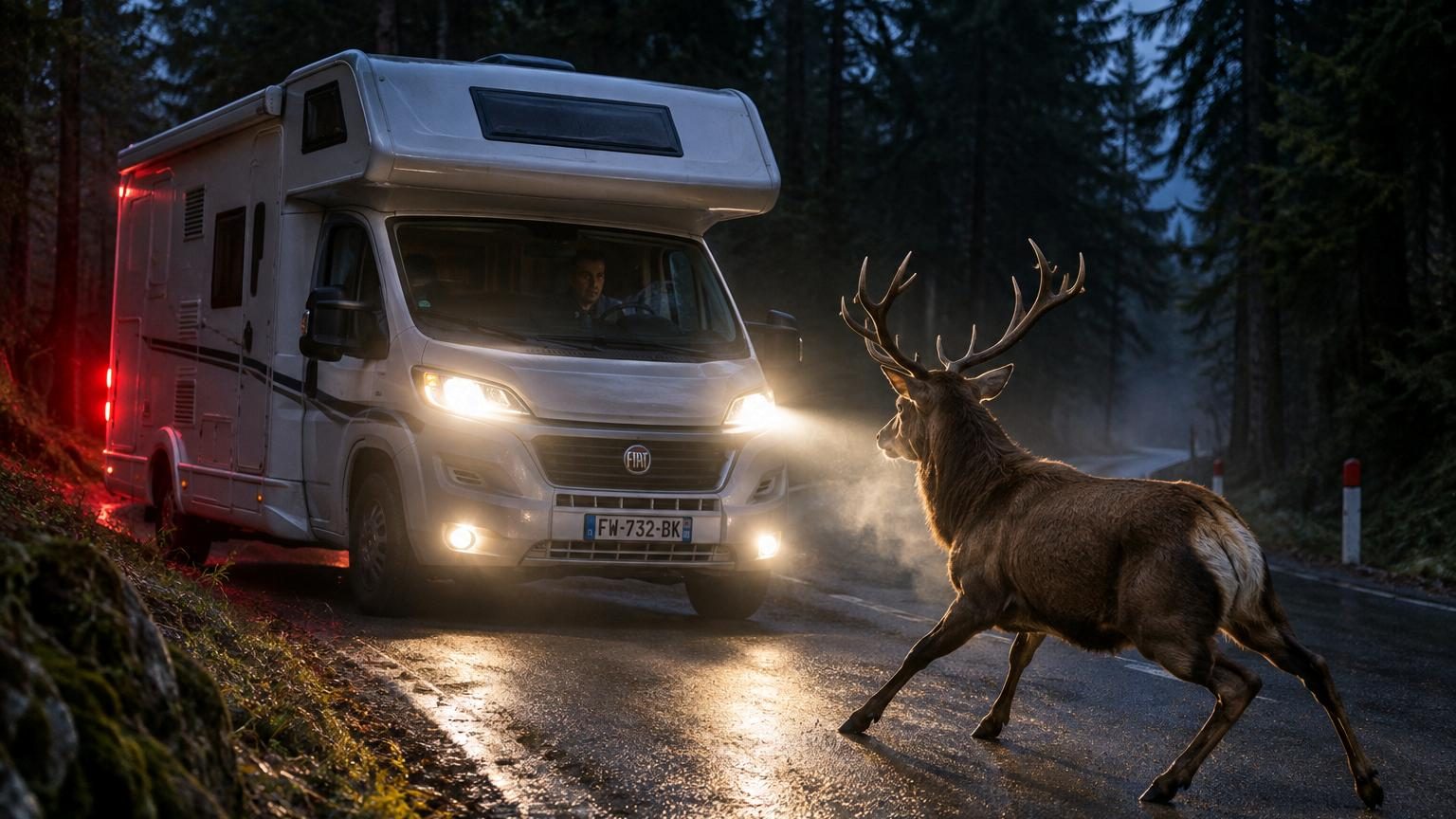 Camping-car roulant de nuit sur une route forestière étroite bordée de sapins, phares allumés illuminant la route sombre avec un cerf brun massif surgissant du côté droit devant le véhicule.