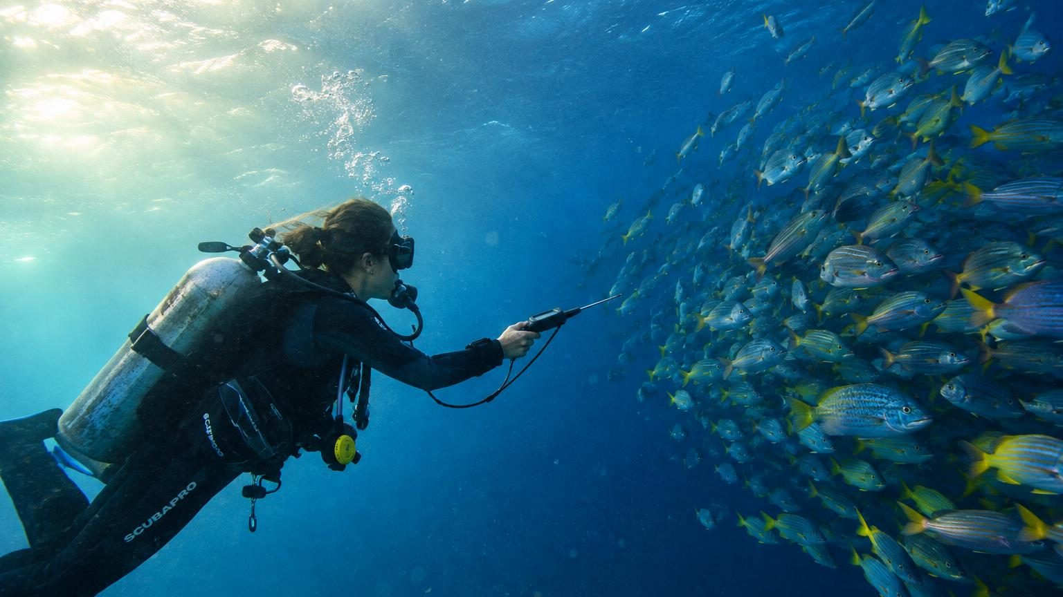 Vue sous-marine du Pacifique montrant diverses espèces marines, poissons volants et dauphins en migration, avec un thermomètre symbolisant l'augmentation de température de l'eau