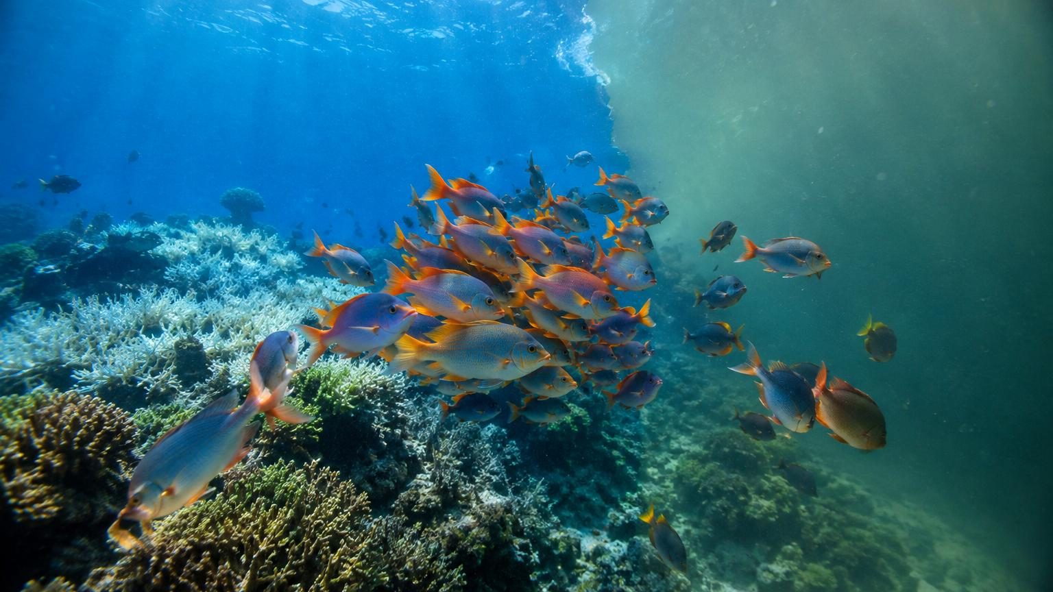 Un bateau de recherche scientifique en mer avec biologistes consulant des capteurs de température océanique affichant une hausse thermique ; en arrière-plan, des bancs de poissons moins denses et des espèces migrantes s'adaptant à un nouvel habitat.