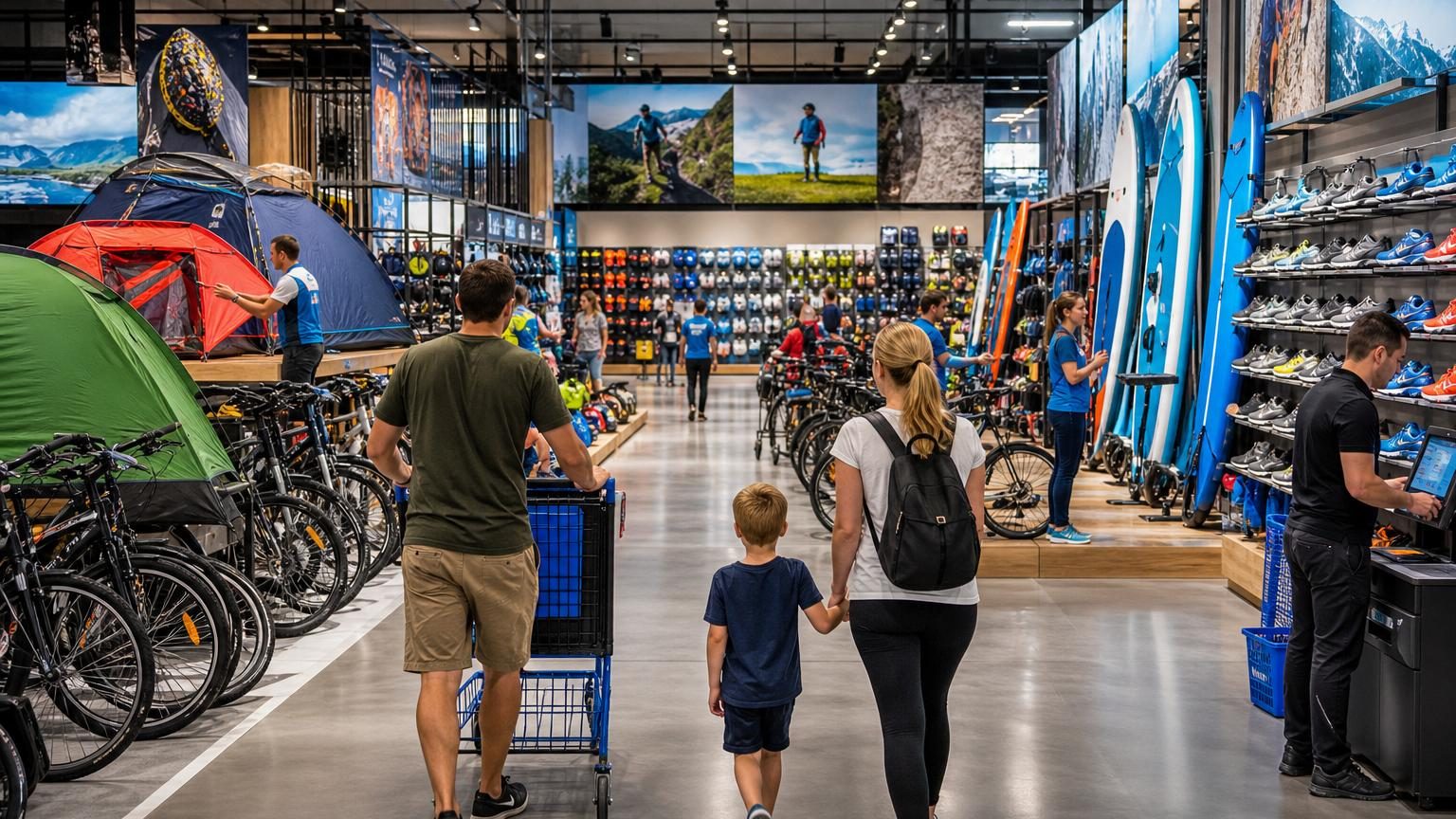 Intérieur d'un grand magasin de sport avec larges allées, produits variés exposés sur des rayons bleus, clients circulant librement parmi les équipements sportifs.