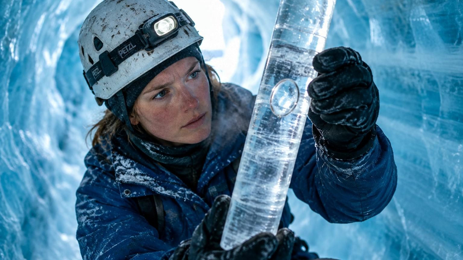 Un cylindre de glace transparente haute comme un enfant, reposant sur une table en inox dans un laboratoire, avec des minuscules bulles d'air visibles à l'intérieur, symbolisant des archives atmosphériques anciennes de milliers d'années.