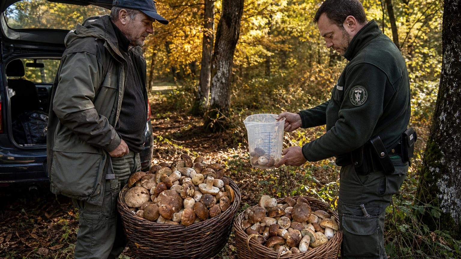 Un ramasseur de champignons dans un sous-bois remplit son panier de cèpes ; un garde forestier l'arrête à la sortie avec une jauge graduée pour vérifier que le volume ne dépasse pas le seuil légal.