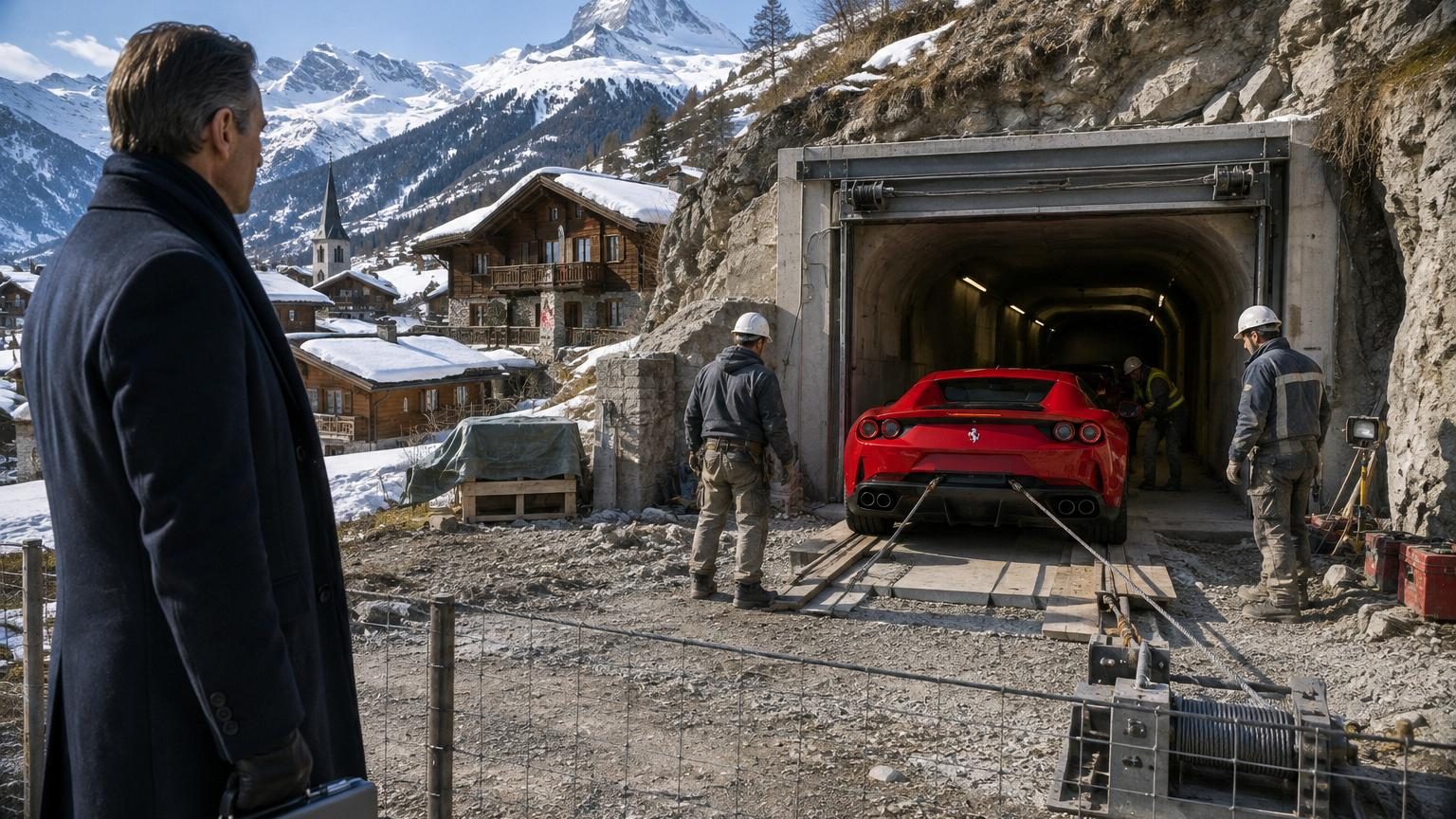 Illustration de tunnels souterrains de montagne avec chambres fortes blindées, éclairage tamisé et portes de sécurité, représentant un refuge souterrain pour ultra-riches dans les Alpes.