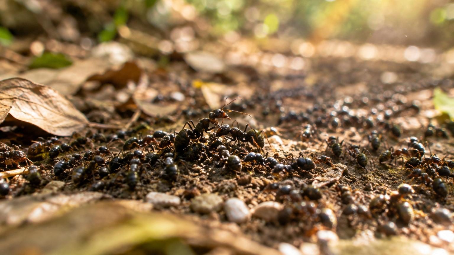 Une traînée de fourmis alignées le long d'une jointure de dalles, avec quelques individus qui bifurquent et changent de direction tandis que les autres les suivent progressivement.