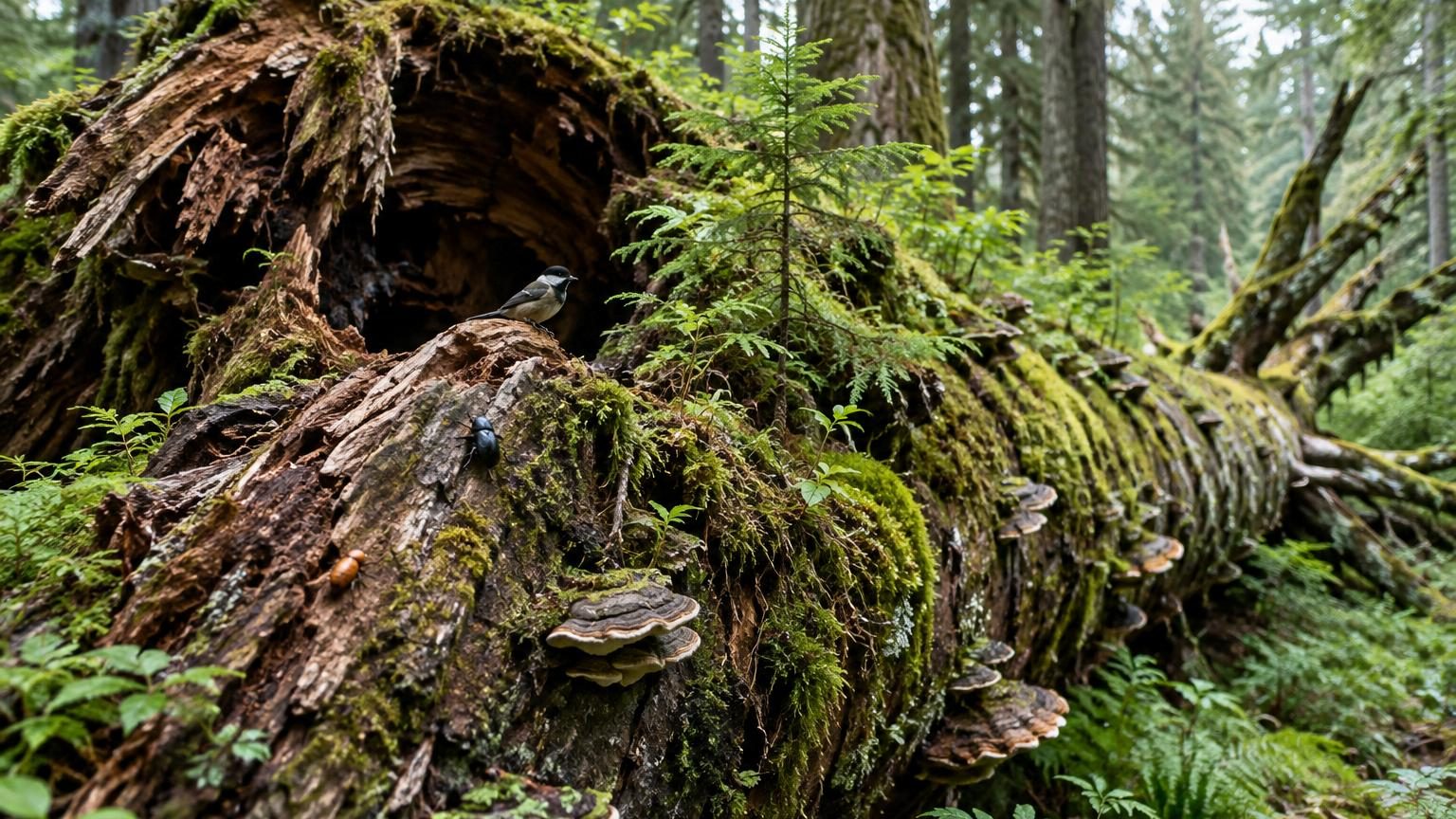 Un tronc mort de 20 mètres couvert de mousses orange vif, champignons et insectes dans une forêt millénaire, grouillant de vie microscopique.