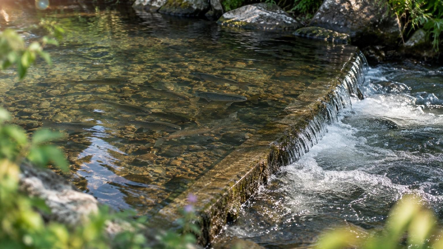 Surface d'une rivière agitée par des gouttelettes d'eau, avec en dessous des poissons qui se déplacent dans un couloir d'eau calme entre des pierres et du courant turbulent.