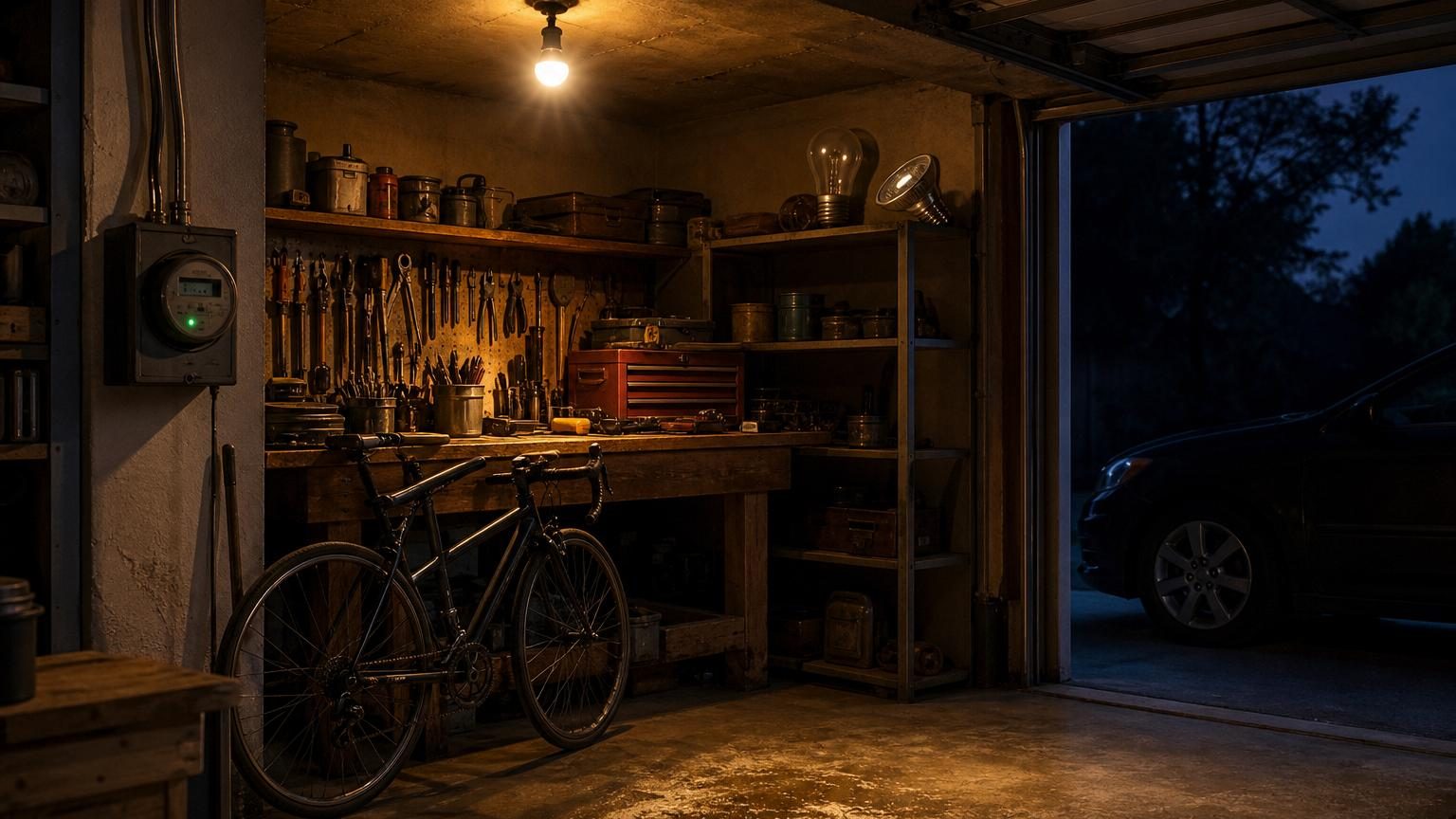 Ampoule LED allumée dans un garage sombre, symbolisant les éclairages permanents oubliés qui coûtent réellement.