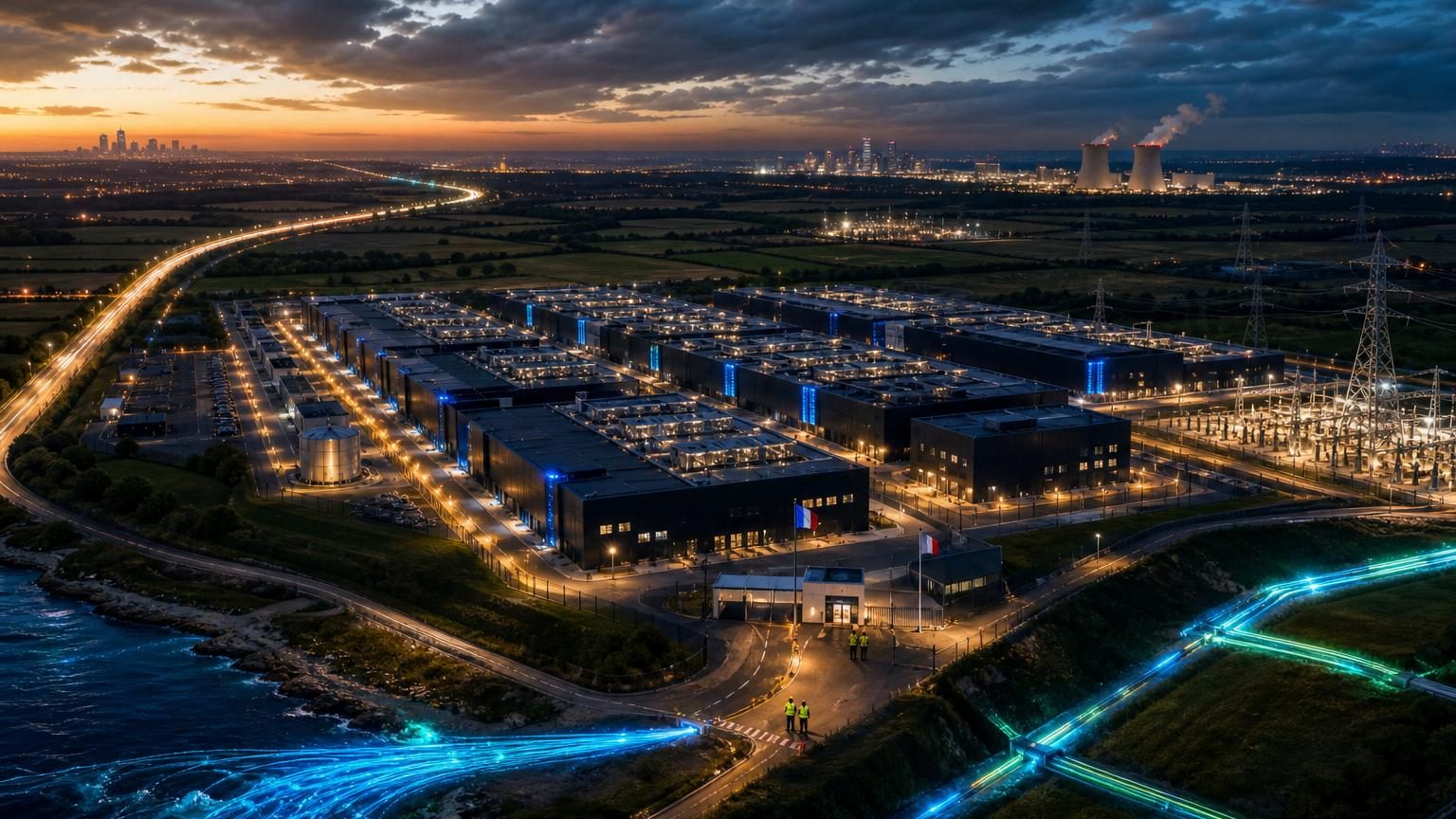 Rangées de serveurs informatiques illuminés dans un data center, symbolisant l'infrastructure numérique et la puissance informatique des centres de données français