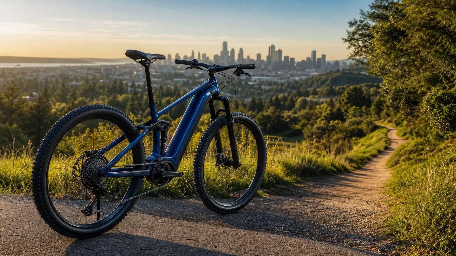 Vélo électrique tout-terrain noir et gris en promotion à 699 euros, présenté de profil dans un environnement urbain-rural avec chemin et végétation.
