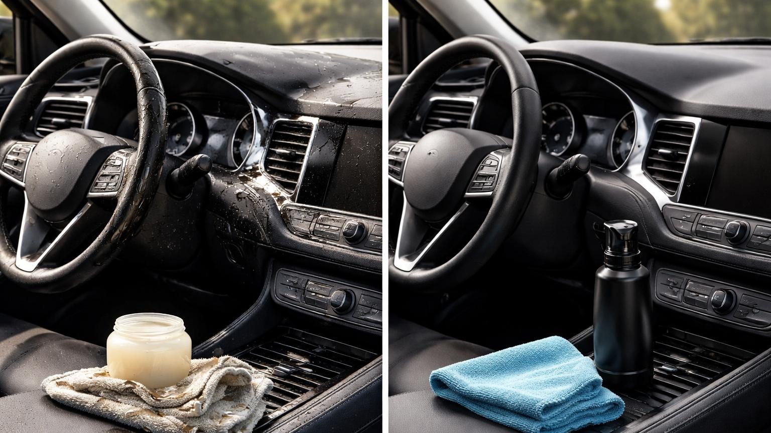 Gros plan sur un tableau de bord de voiture avec une main appliquant de la vaseline sur le plastique avec un chiffon microfibre, en train de le frotter.