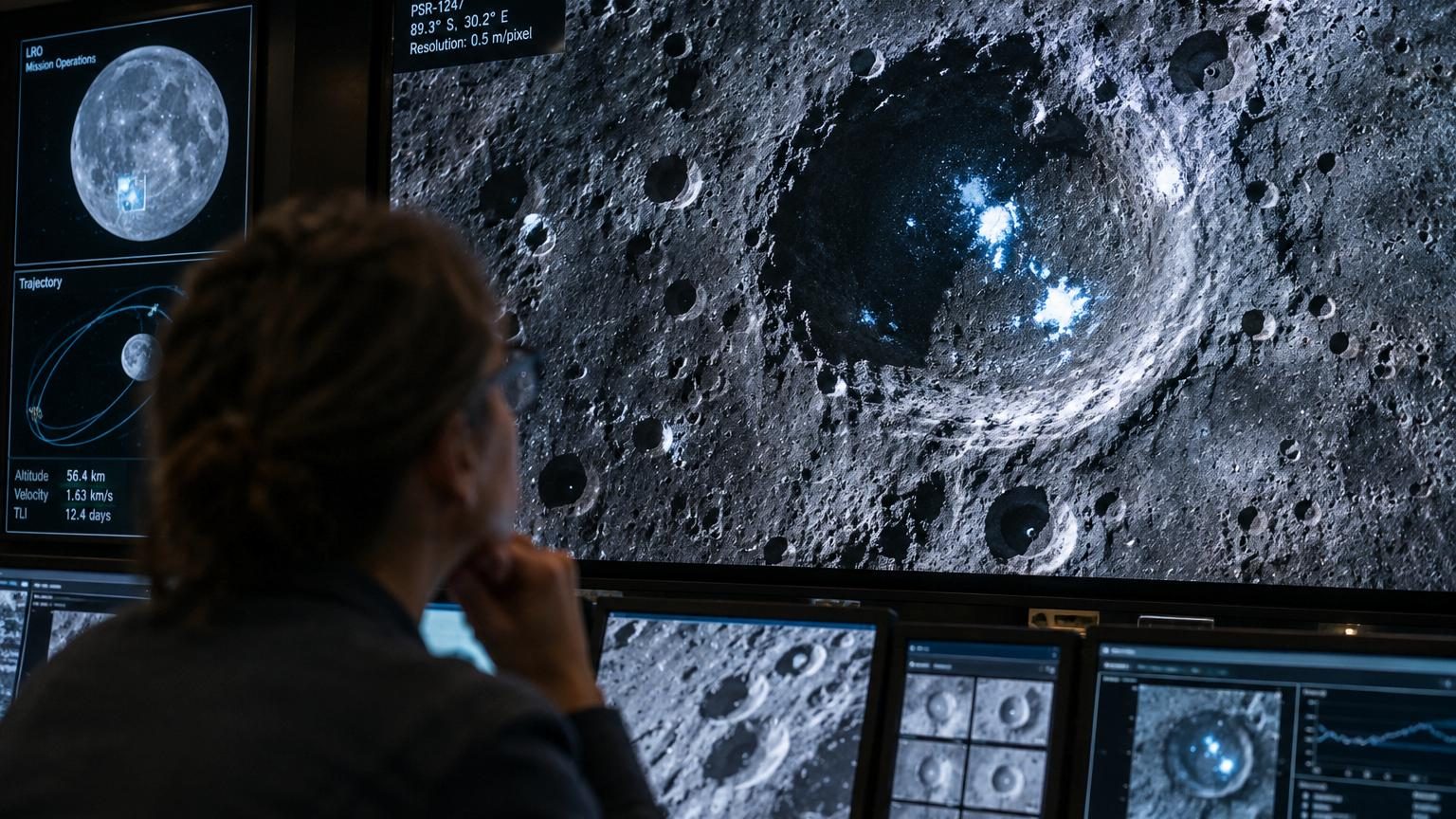 Vue orbitale en haute résolution d'un cratère lunaire du pôle sud plongé dans l'obscurité permanente, révélant une surface peu riche en glace d'eau détectable.